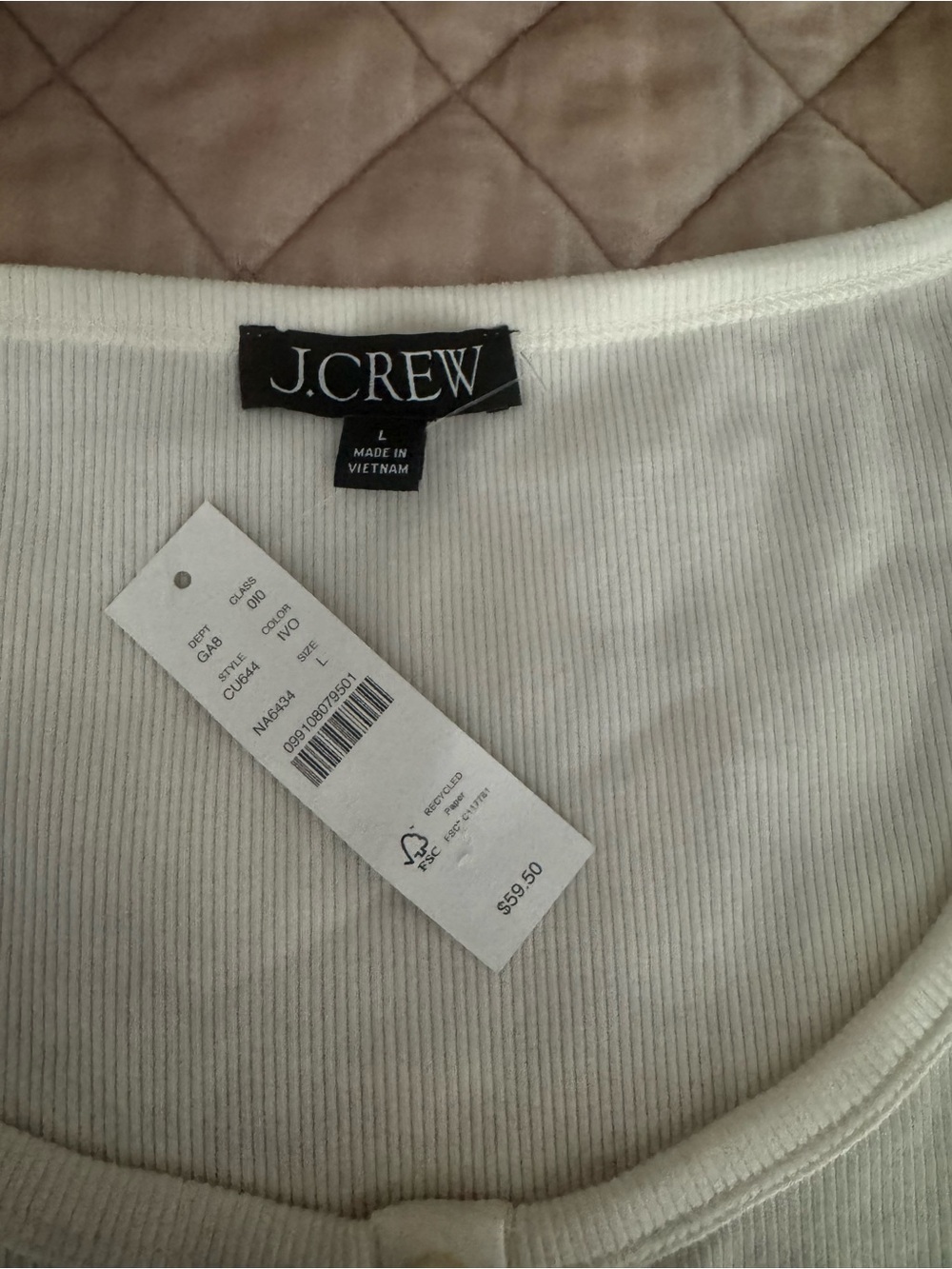 J. Crew Perfect Ribbed Button-Front Scoop Neck Top with Satin Trim, Ivory - Picture 7 of 11